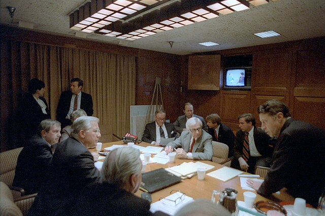 White House Senior Staff hold a meeting in situation room.